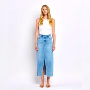 CRISS CROSS FRONT SLIT MAXI DENIM SKIRT - STRETCH